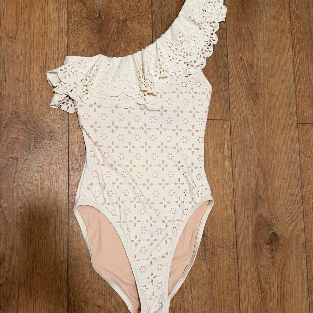 J. Crew scalloped ruffle one shoulder white swimsuit size 4
